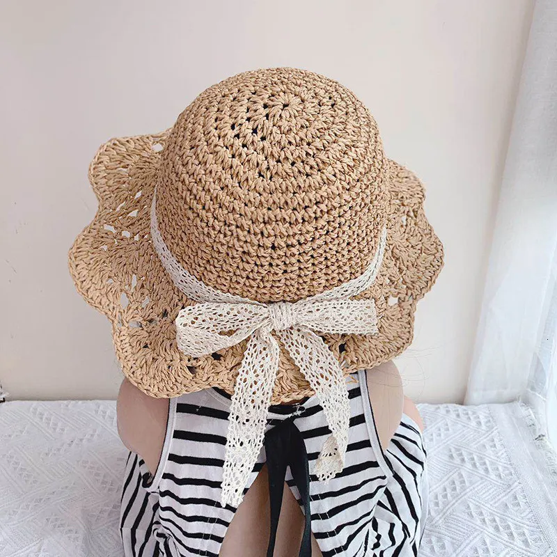 Caps Hats Fashion Baby Petal Brim Straw Woven Hat Sun Protection Lace Cap Kids Girls Princess Collapsible Beach Cute Infant Bucket 230427