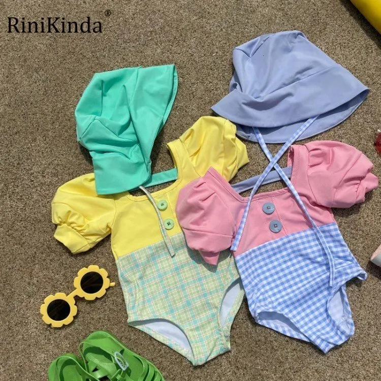 OnePieces Girls Kids Swimwear Summer Puff Short Sleeve Plaid Swimsuit High Quality Children Beach Wear 230427