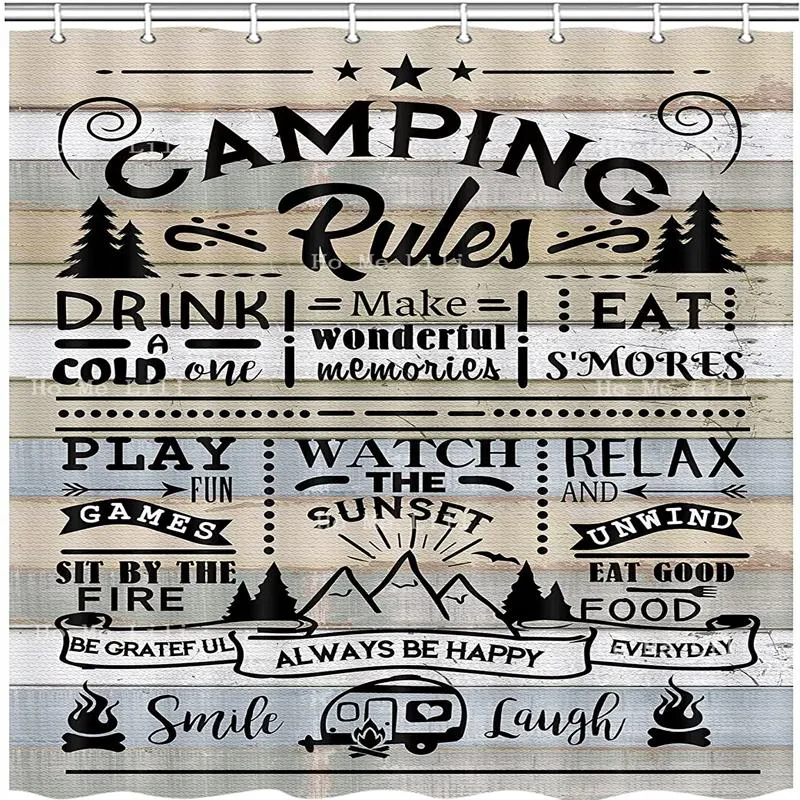 Gardiner camping regler motiverande inspirerande lycka citerar rustik trähus duschgardin badrumstillbehör