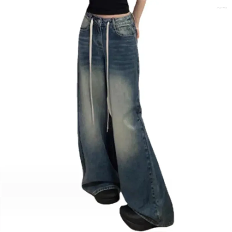 Kvinnors jeans vintage hög midja vid benbälten Löst golvbyxor