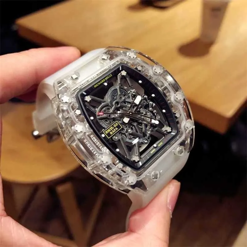 DHgate Richard Mille Crystal Luxury Transparent Mens Fully Automatic Mechanical Hollow Out Technology Cool Glow Tape Versatile Personality Watch Watches