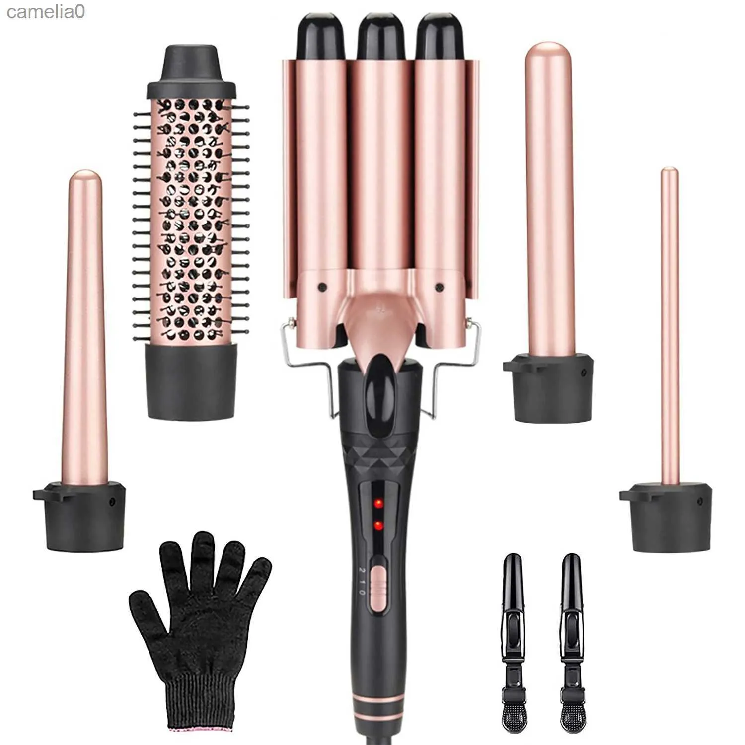 مصنعي الشعر المتسابقون 5-في 1 Waver Curling Iron Wand مع 3 براميل جريمة الجريمة متعددة التصميم صولج مجموعة مع فرشاة مصداقية الشعر 231128