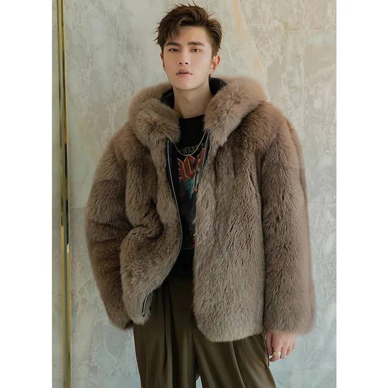 Men's Fur Faux Fur Fur coat Men's fox fur short jacket autumn/winter warm wool coat men's leather hooded casual jacket 231128