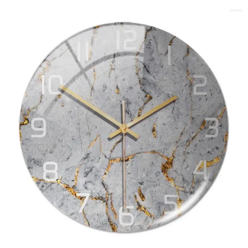 Horloges murales Acrylique Gris Marbre Jaune Motif Adhésif Horloge Aiguille En Métal Mécanisme Silencieux Salon Moderne Décoration De La Maison