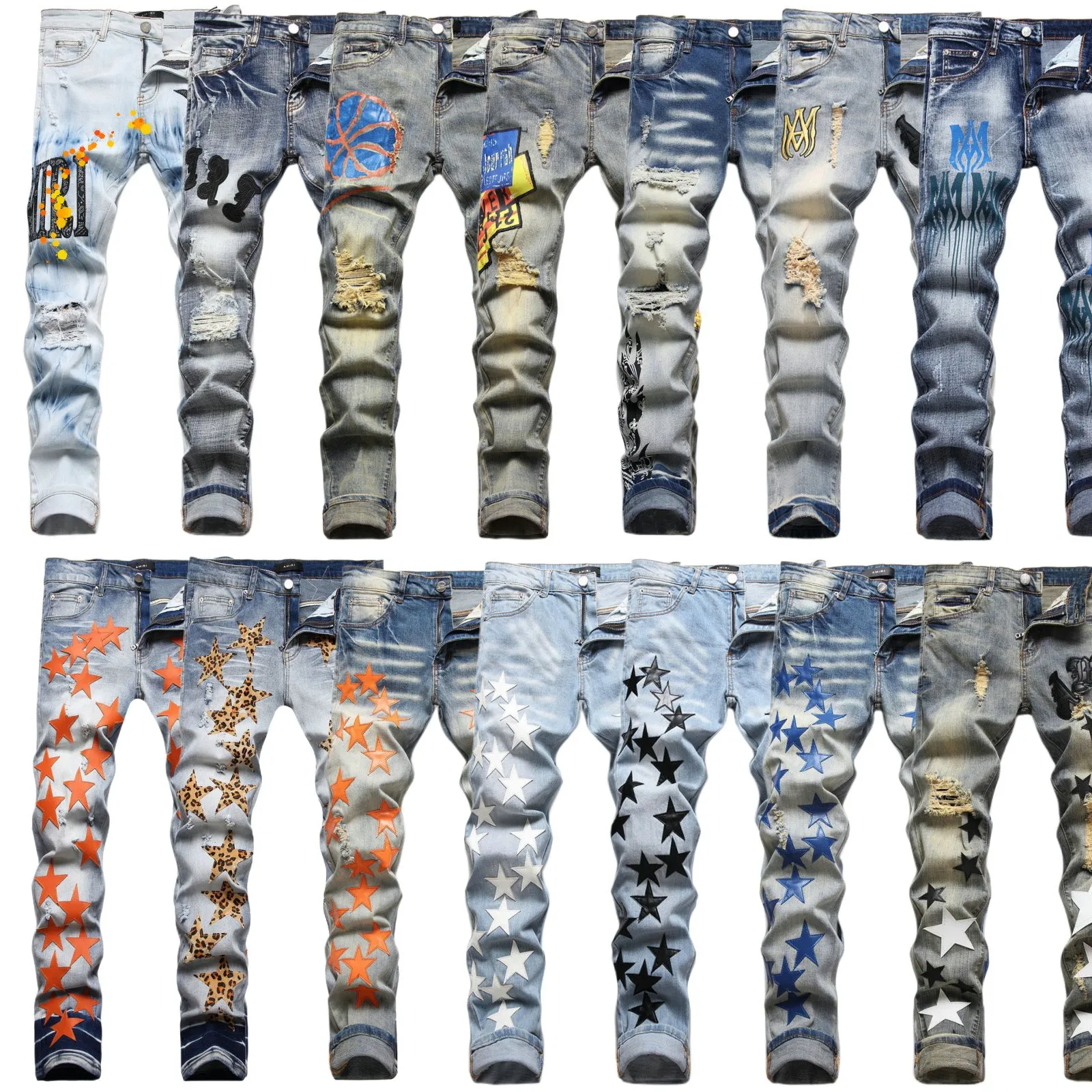 Jeans da uomo Europeo Jean Hombre Lettera Stella AM minuscolo punto Uomo Ricamo Patchwork Strappato Tendenza Pantaloni da moto di marca Uomo Skinny AM3091 # taglia 29-38