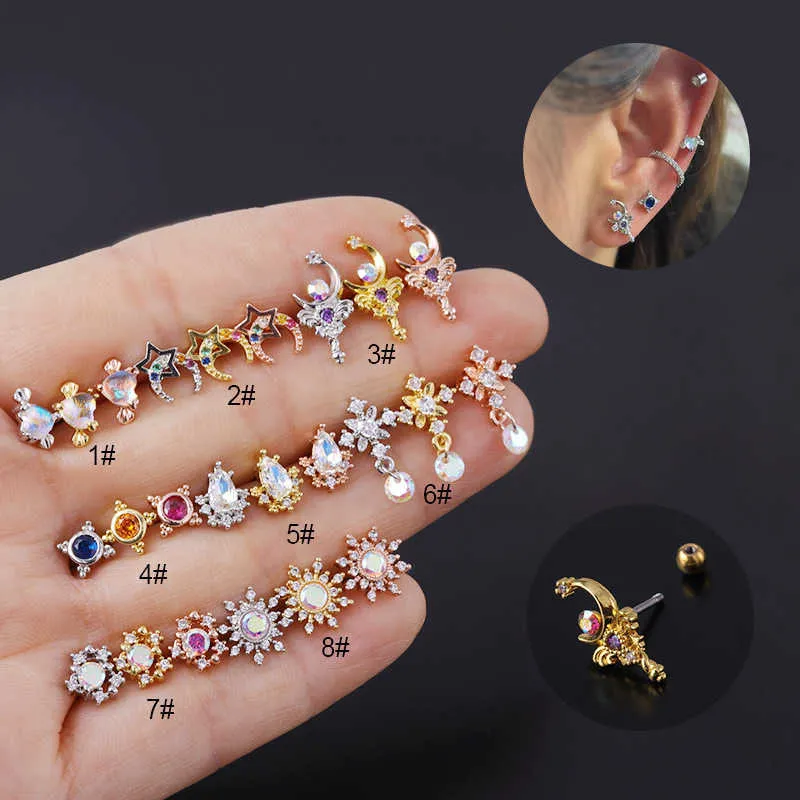 New Korean Geometric Design Metal Stainless Steel Stud Earrings Thin Rod Ear Bone Nail Studs With Colored Cubic Zircon 20g Puncture Jewelry Piercing Gold Wholesale