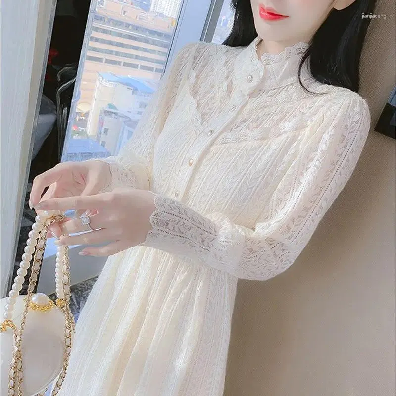 Casual Dresses Women's Autumn Winter Fashion Half High Neck Long Sleeve Solid Lace Versatile Western Commuter Comfortabl Dress