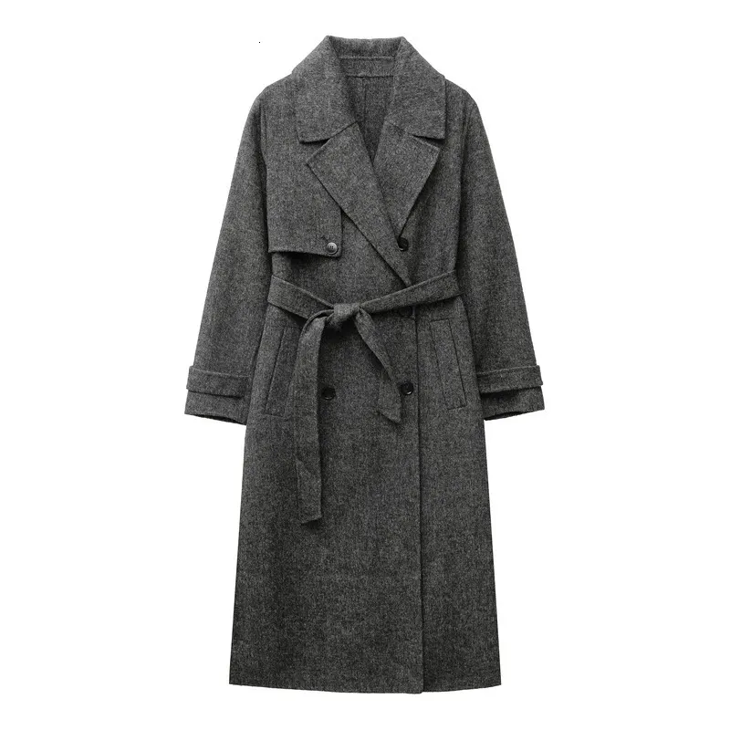 Herr ullblandningar ZVRI 2023 Kvinnors midlängd med Belt Wool Blend Herringbone Twill Coat Trench 231128