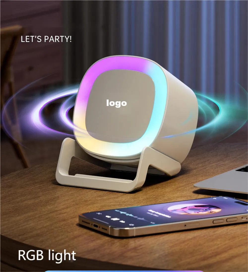 FÁBRICA 4 em 1 alto-falante bluetooth com carregador sem fio multifuncional de 15 W com luz LED RGB e suporte para telefone