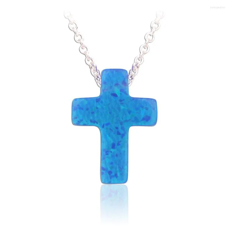 Pendant Necklaces 9x12mm 925 Sterling Silver Chain Opal Cross Necklace Rhodium Plated OP05 Blue For Gift