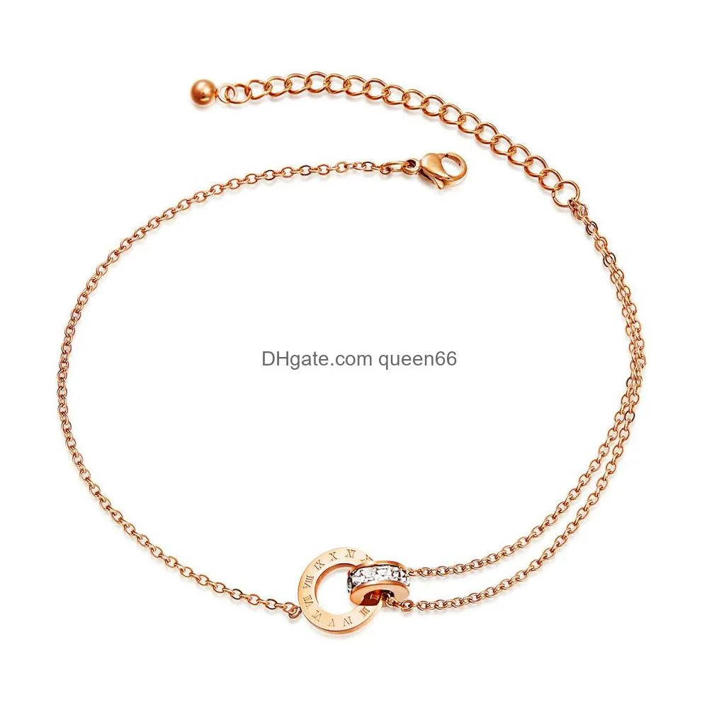 Anklets Fashion Fashion Double Rings Zircon Anklets 여성 디자이너 로즈 골드 로마 숫자 풋 체인 Titanium Steel Jewelry 선물 D DHZXZ