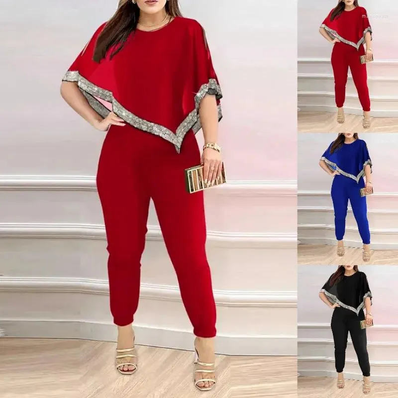 Calças de duas peças femininas 2023 outono inverno fechando plus size cor pura lantejoulas moda irregular top conjunto de duas peças