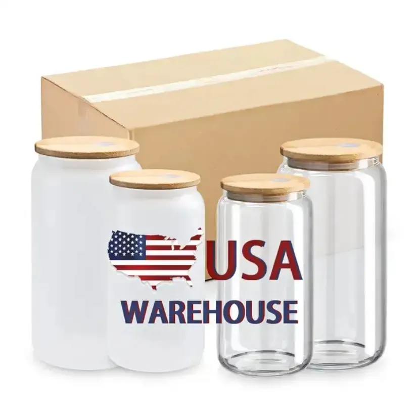 US CA Stock 16oz تسامي النبيذ الزجاجية أكواب البيرة Bamboo Lid DIY Blanks Frosted Clear Mason Jar Tumblers Can Cocktail Iced Coffee Soda Cups Coups