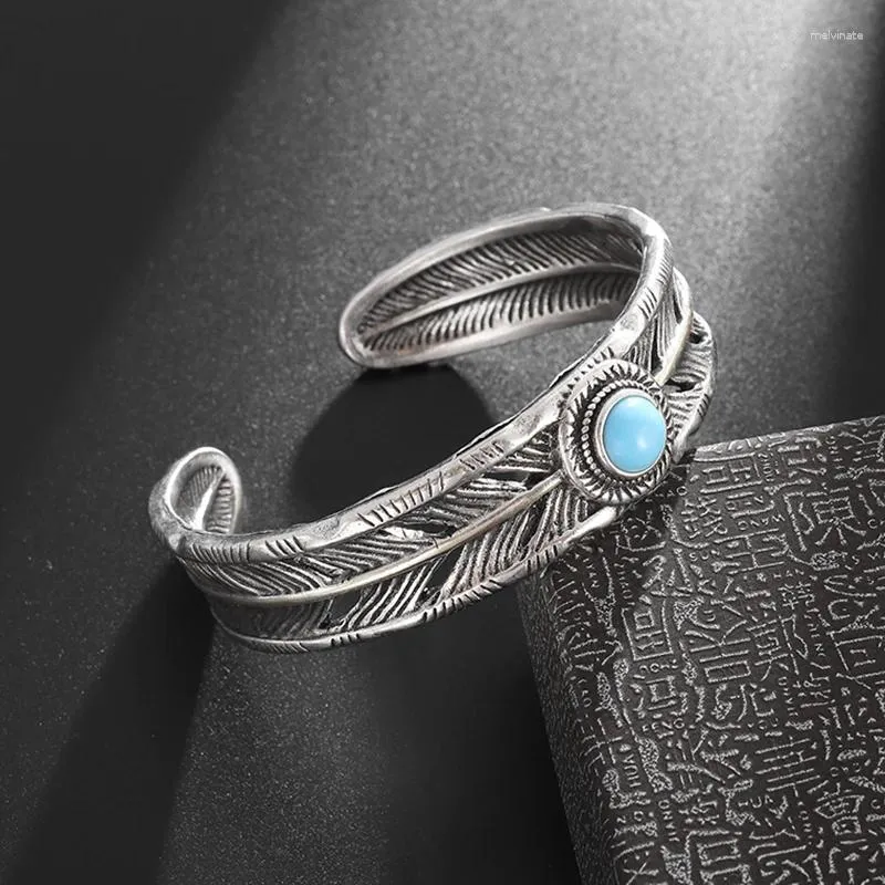 Bracciale rigido aperto intarsiato blu turchese a forma di piuma animale braccialetto per uomini e donne ciondolo personalizzato accessorio per banchetti hip-hop
