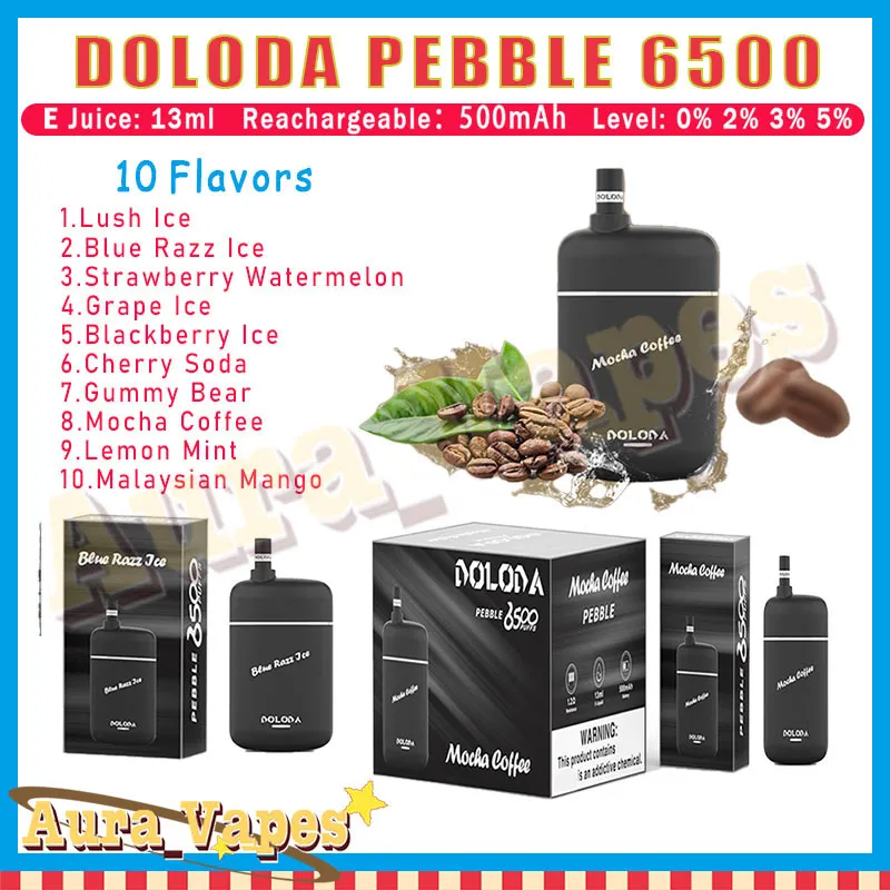 Oryginalny Doloda Pebble 6500 Puffs Do jednorazowy pen Pen 13 ml wstępnie wypełniony kapsułki Cewki Cewki 6500 e