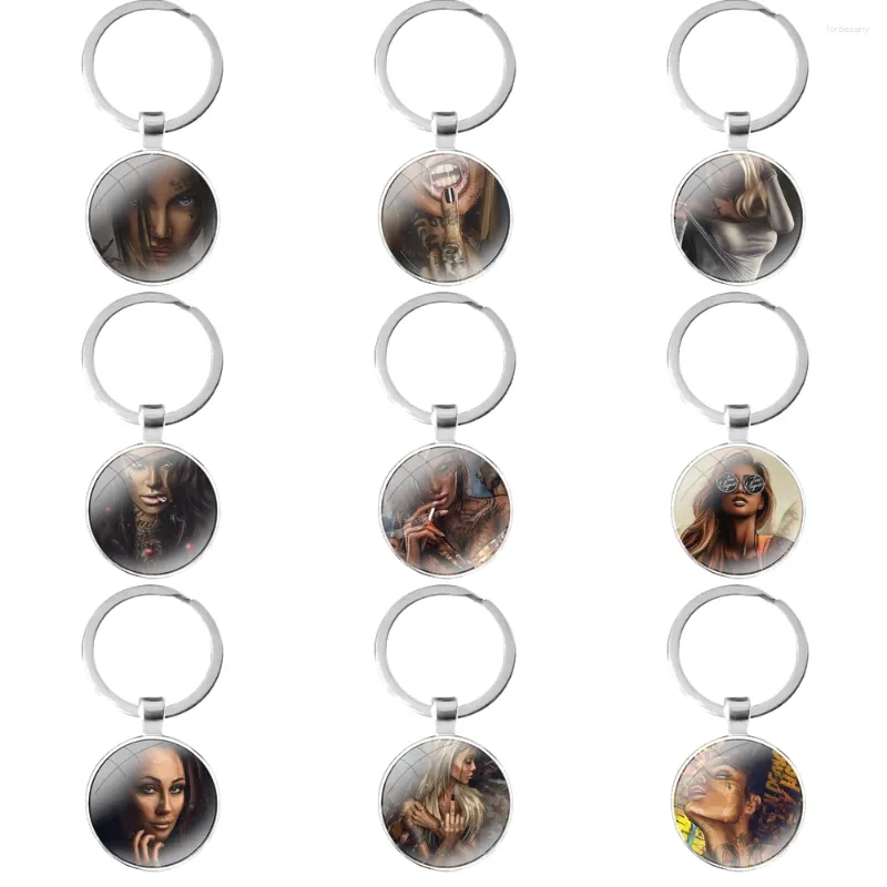 Keychains Sexy Sleeve Tattoo Girl Case Cool Xi Glass Cabochon Keychain Car Key Chain Charms Gifts