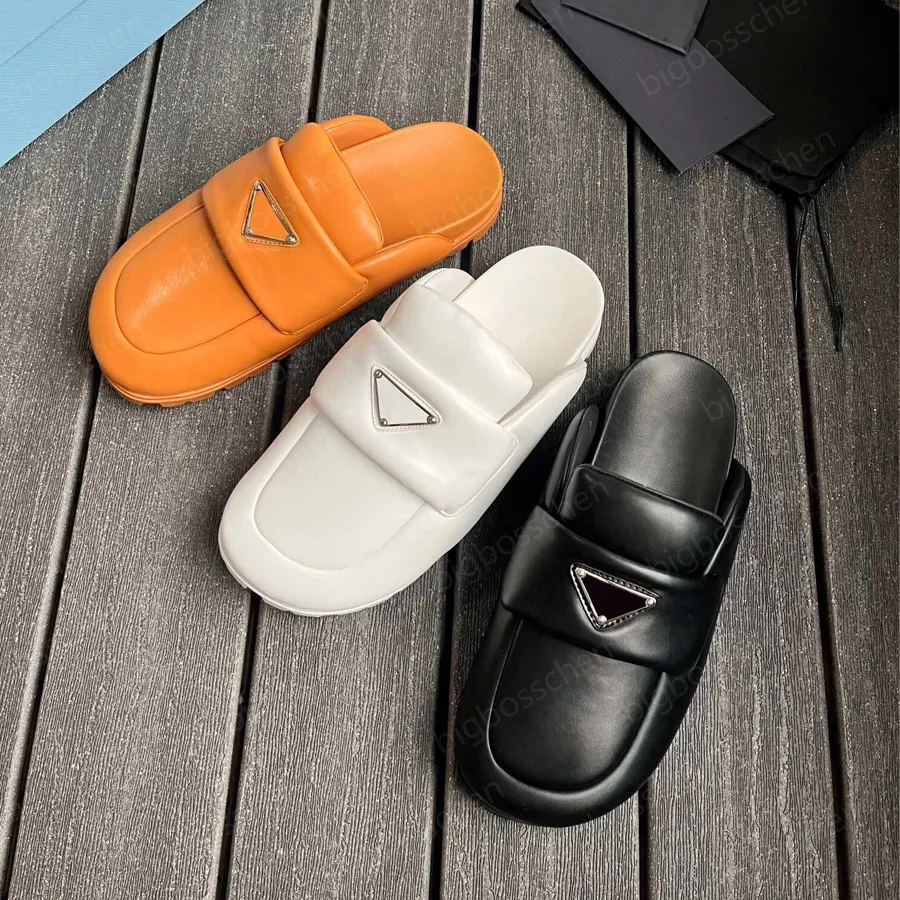 Luxury Designer Leather Slides mules Slippers Flat Sandals Leather Women's Slip On Fashion Triangle Buckle Casual Head Beach Shoes ladie 35-40 With box