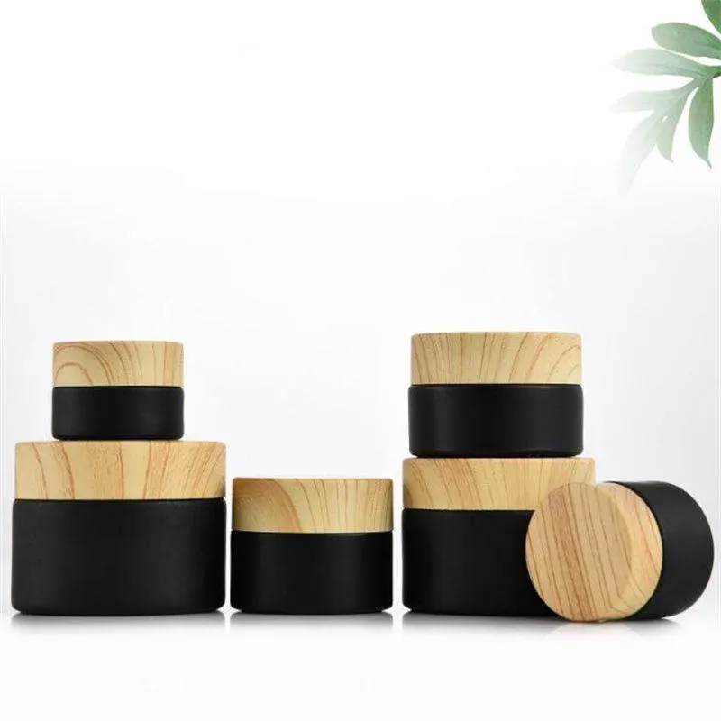 5G 10G 15G 20G 30G 50G Black Frosted Gars Jars Commetic Bottle Cream Packaging with Wood Grain Plastic Lids BMCTR