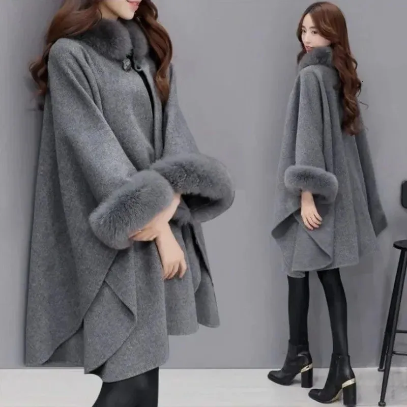Wool Blends Eleganckie kobiety zimowe płaszcze batwing puszysty rękawowy kurtka peleryna lady wełniana płaszcz lis futra kołnierz ciepłe ponchos feminino 231127