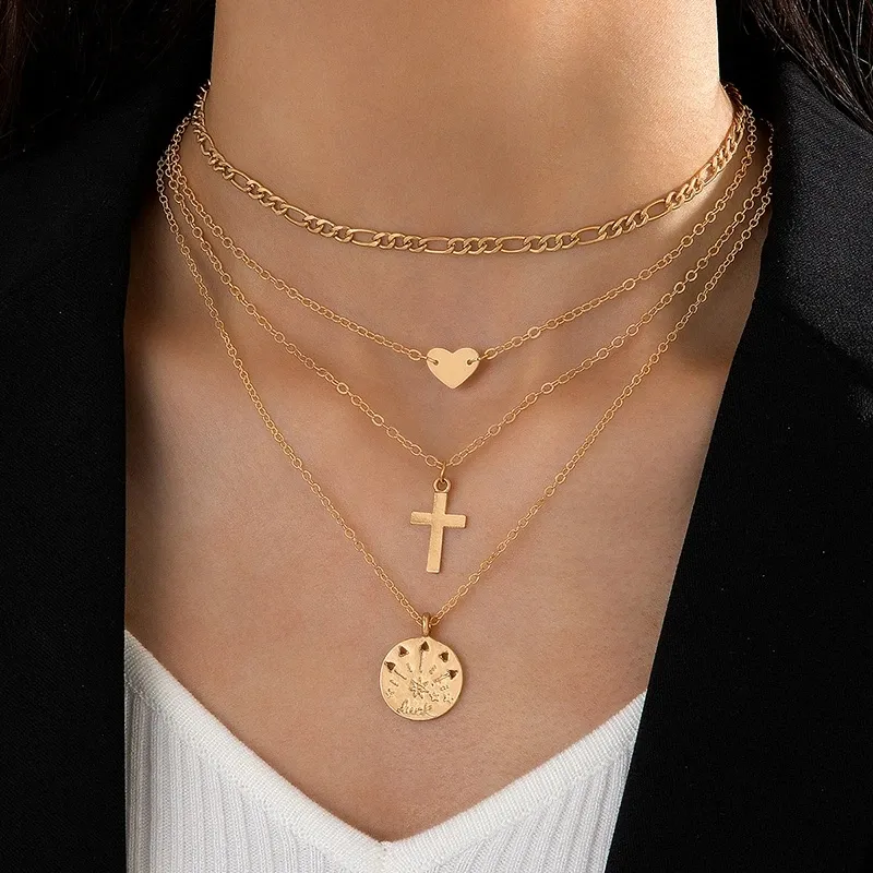 Bohemian Love Cross Multi Pendant Necklace for Women للسبائك الهندسية الدائرية