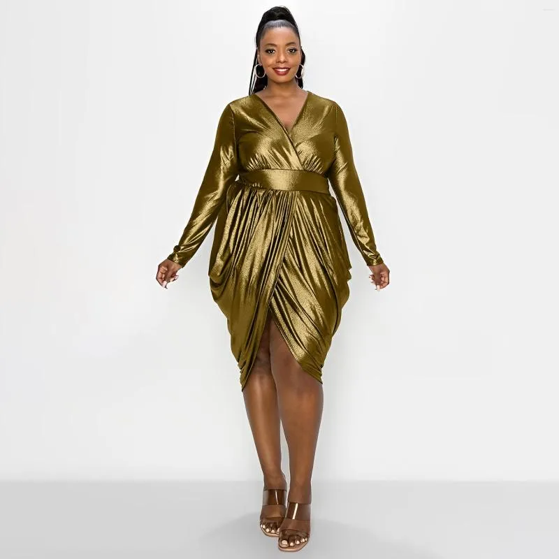 Robes grande taille Sexy bronzant plissé robe moulante col en V à manches longues irrégulière maigre boîte de nuit courte Vestidos 2023 vêtements féminins