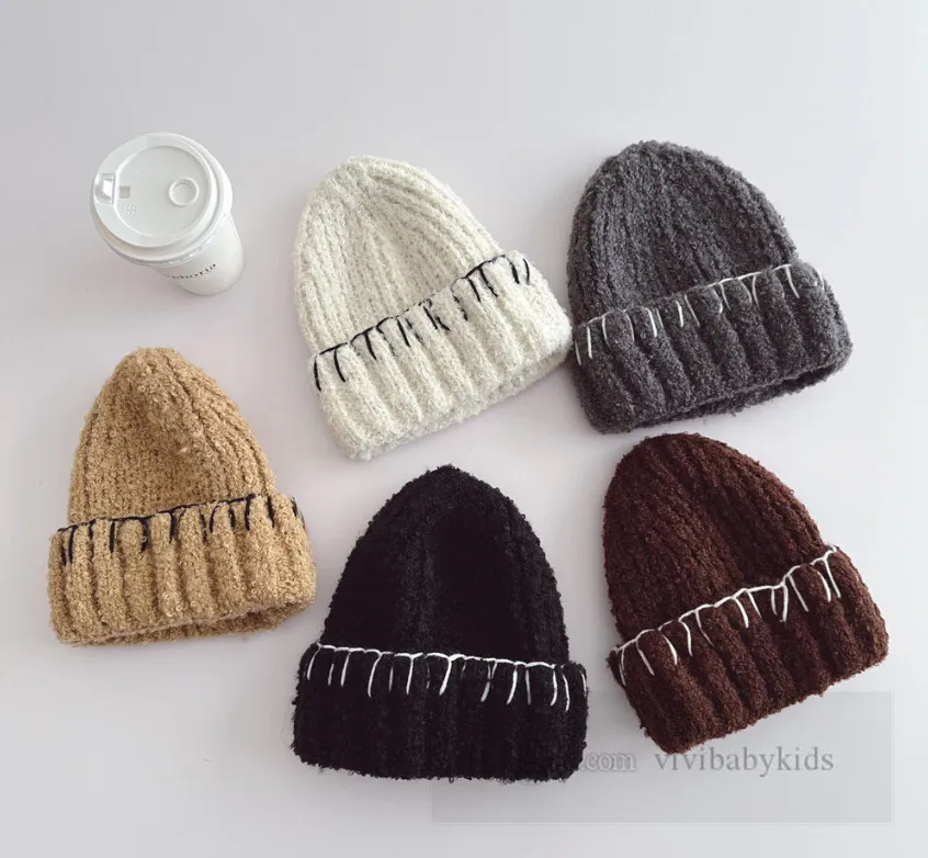 Crianças chapéus de malha meninos meninas vintage linhas de gancho borda all-matching gorro outono inverno crianças macio quente boné z5612
