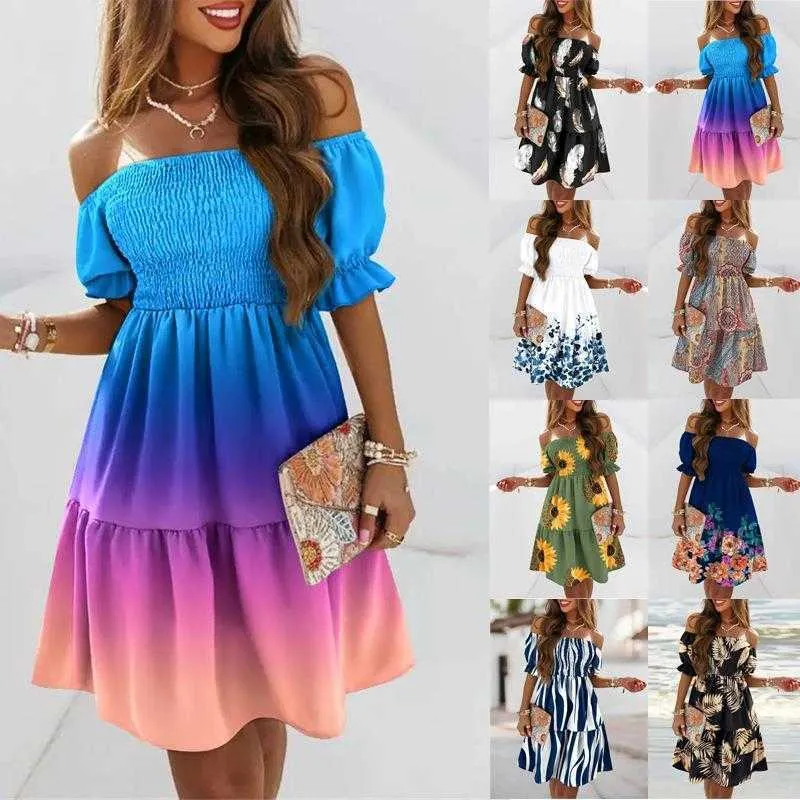 Tong Casual Dresses Short Sleeve Off Neck Fitted Waist Pleated Printed Dress