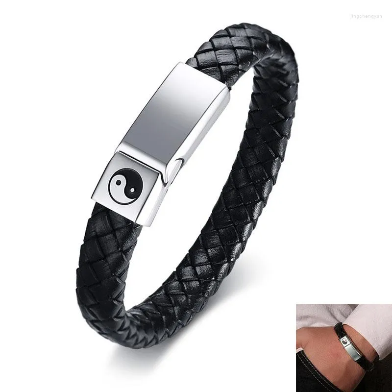 Bangle retro roestvrij staal tai chi roddel heren armband zwarte echte gevlochten lederen manchet mannen geschenk sieraden