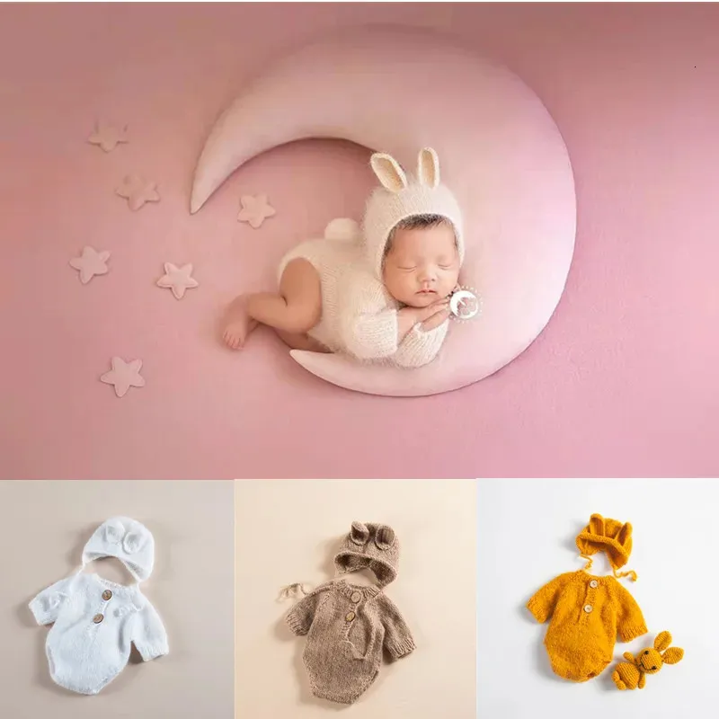 Andenken Baby Pography Kaninchen Kostüm Kleinkind StrickmützeJumpsuit 2 Sets Babys Po Requisiten Zubehör Studio geboren Pograph Kleidung 231128
