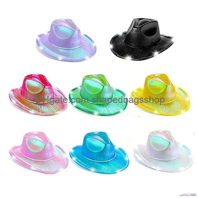 Party Hatts Led Light Up Cowboy Hats Neon Cowgirl Hat Holographic Rave Fluorescerande med justerbar vindtät sladd för Halloween Costume Dhu1z