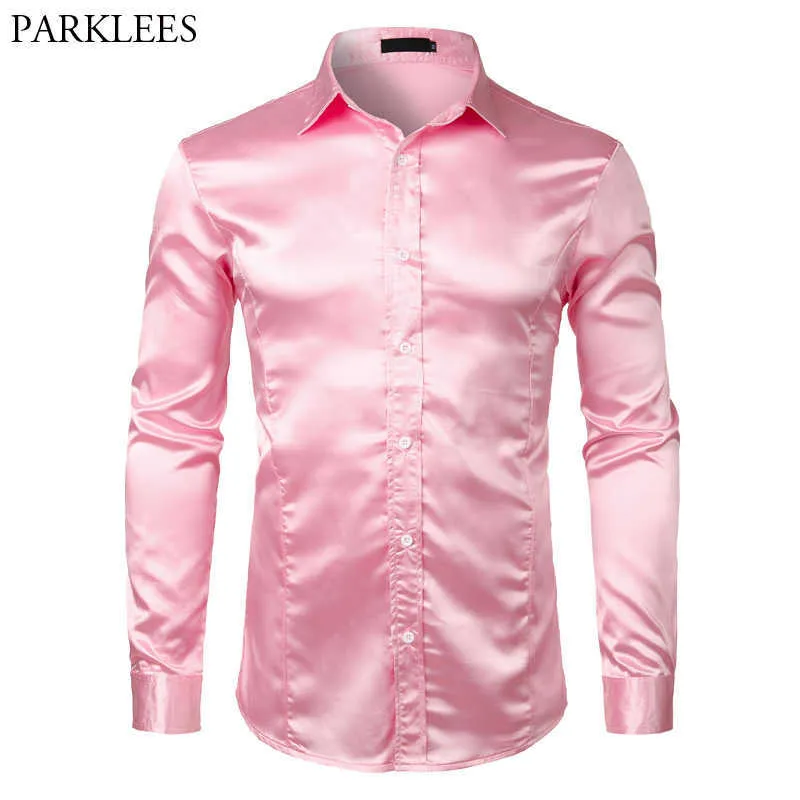 Camisas de vestido masculinas Camisa de vestido de luxo de seda rosa Men 2022 Brand New Slim Long Manga Tuxedo Camisa Masculino Clube de Classificação da Dança Prom Camisas P230427