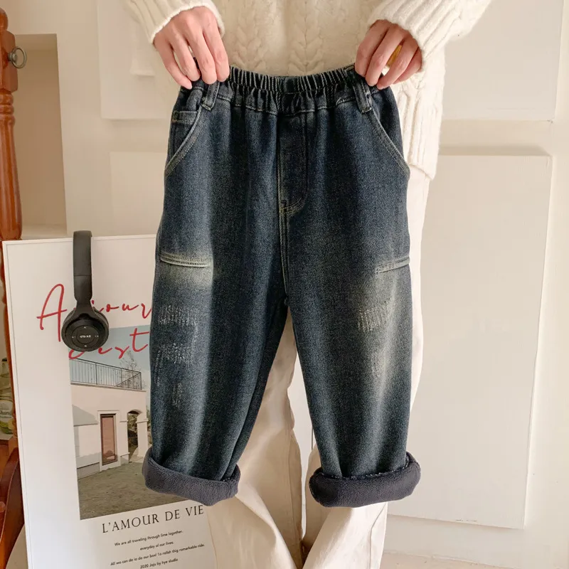 bambini abiti firmati moda per bambini marca 2023 inverno nuovi pantaloni per bambini ragazzi jeans all-in-one pantaloni imbottiti per bambini ragazze pantaloni larghi e ispessiti