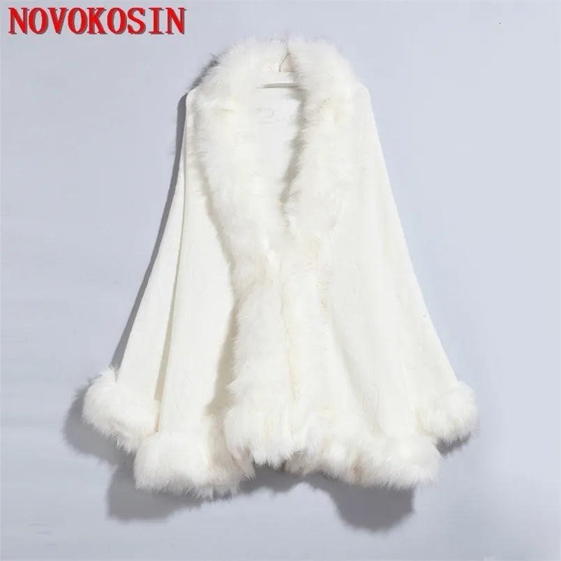 Scarves 13 Colors White Open Stitch Long Bawting Sleeves Shawl Black Embossing Floral Poncho Big Faux Fox Fur Neck Cloak Knitted Coat 231127