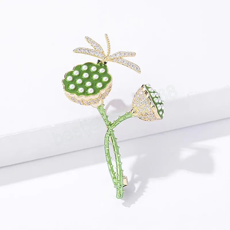 Fashion Creative Lotus Brooches With Dragonfly Women Imitation Pearls Shiny Rhinestones Lotus Brooches Party Jewelry Gifts