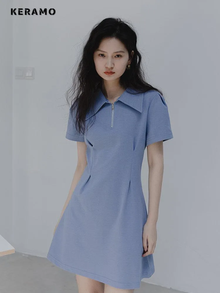 Abito 2023 Summer Casual Sfumo Wasleve Polo Collar Solido Mini Abiti Womes Elegante Classica Office Lady Aline Sliose Zipper Dress