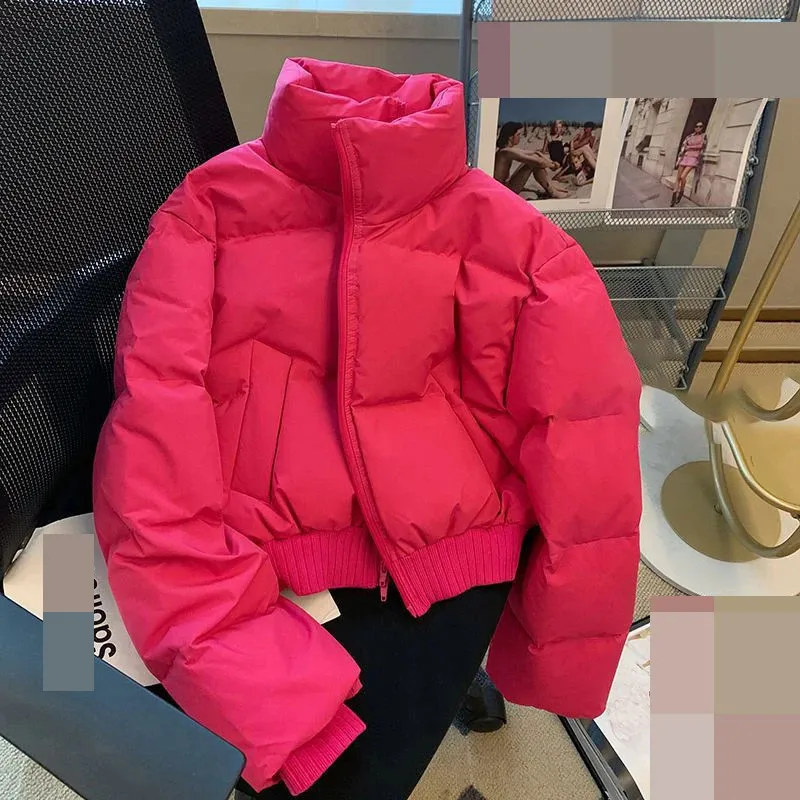 Frauen Jacken Kleine Rose Rot Mock Kragen Baumwolle Mantel Winter Mode Süße Verdickte Kurze Breadsuit 231127