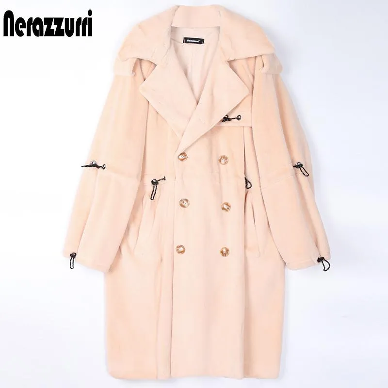 Abiti Nerazzurri Inverno Lungo Oversize Morbido Soffice Caldo Rosa Nero Pelliccia Sintetica Trench per Le Donne 2022 Coulisse Manica Lunga Moda