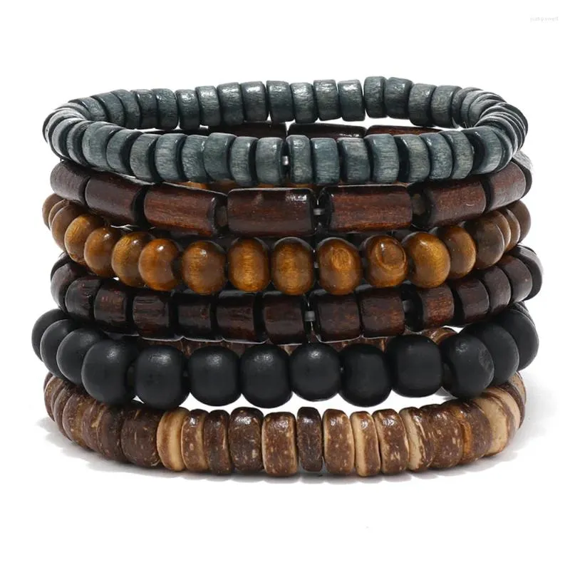 Pulseira masculina com miçangas à mão estilo retrô multicamadas linha elástica contas de madeira joias de casca de coco