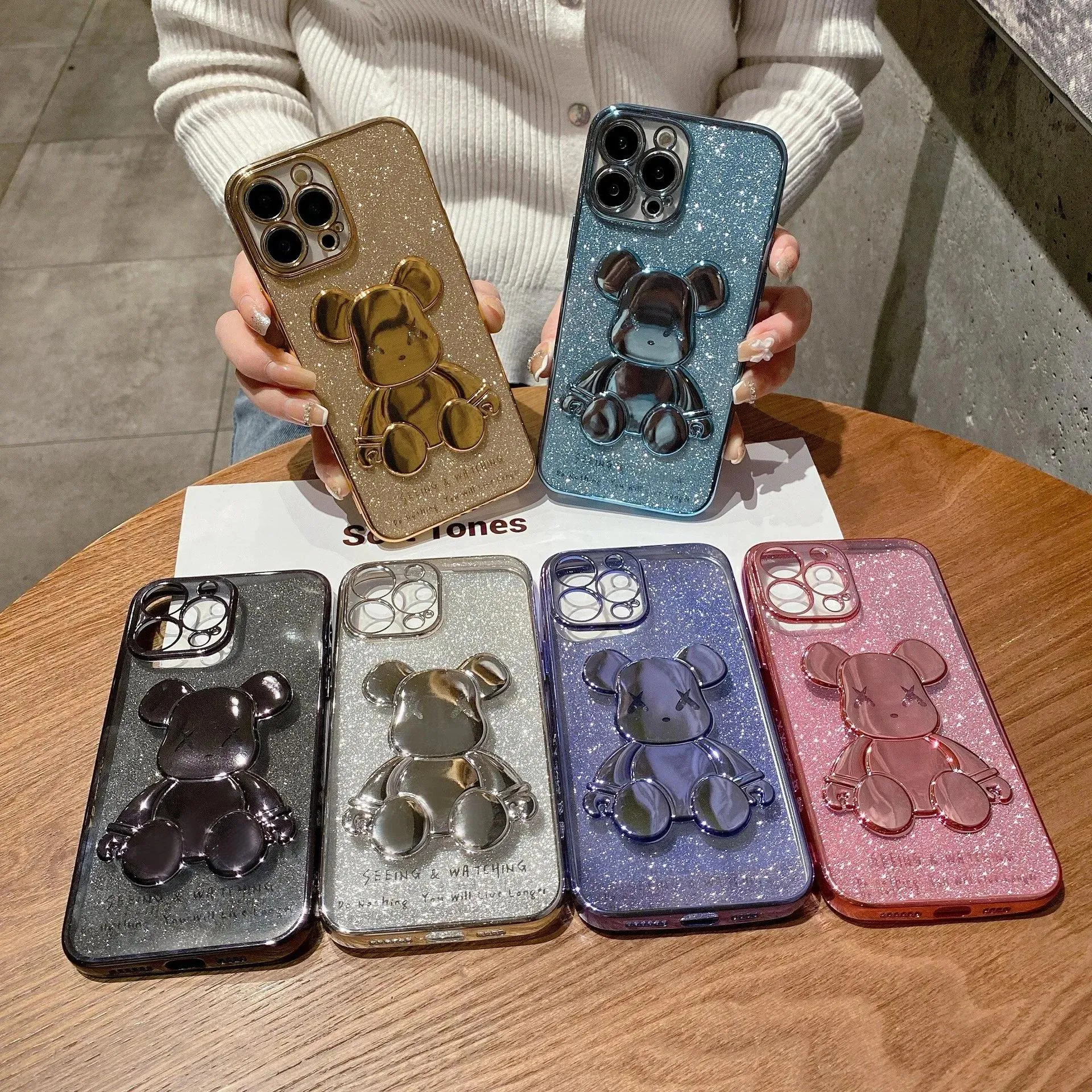 Designers iPhone Case para 14 Pro Max Lens Pacote Completo 12 Phone Case Transparente Galvanizado Cute Bear 117 Antidrop Capa Protetora ZZ