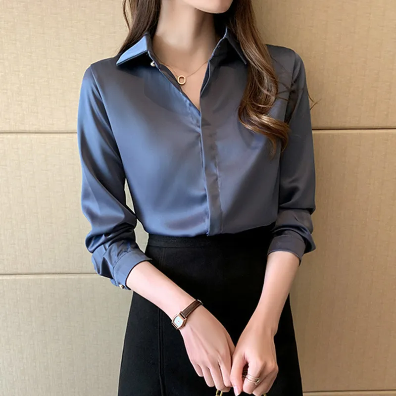 Women's Blouses Shirts Women's Blouse Elegant Wine Satin Shirt for Women Turn Down Collar Long Sleeve Female Formal Office OL Blouse Women Tops 230428