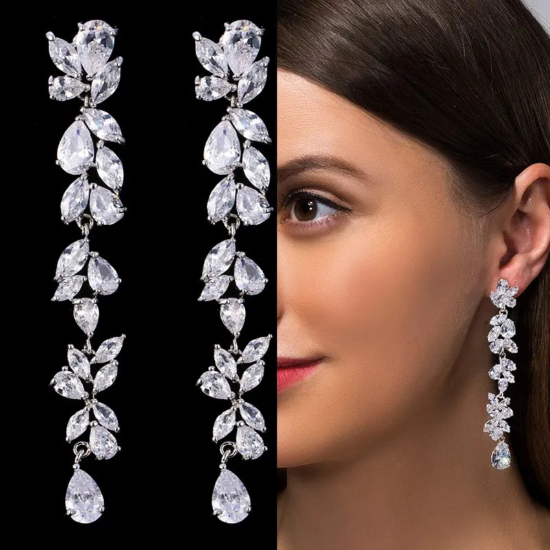 Stud LXOEN Zircons De Luxe Marquise Cluster Fleur Forme Cubique Zircone Longue Dangle Boucles D'oreilles pour Les Mariées Bijoux De Fête De Mariage 231128