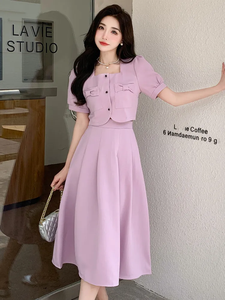 French Vintage Fragrant Two Piece Set With Puff Sleeve Pink Shirt Women And  Crop Top Womens Long Skirt Suit For Sweet Summer 230428 From Kong003,  $26.21