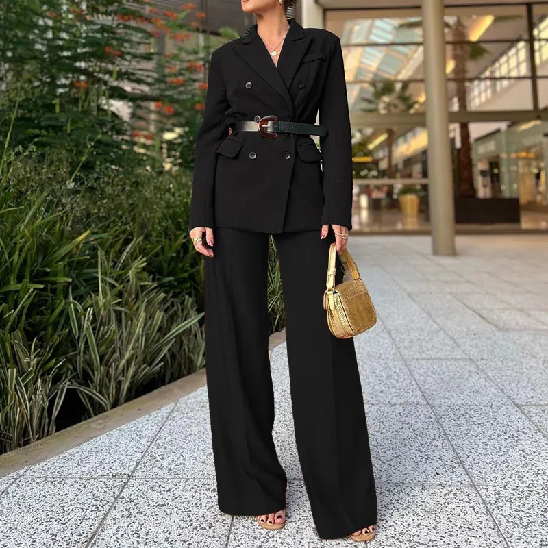 Women's Two Piece Pant's 2 Pant Set Black Pieces Sets Pants For Wome Belt Blazer Jacket Straight Wide Leg Trousers Outfits Classy Clothes 231128