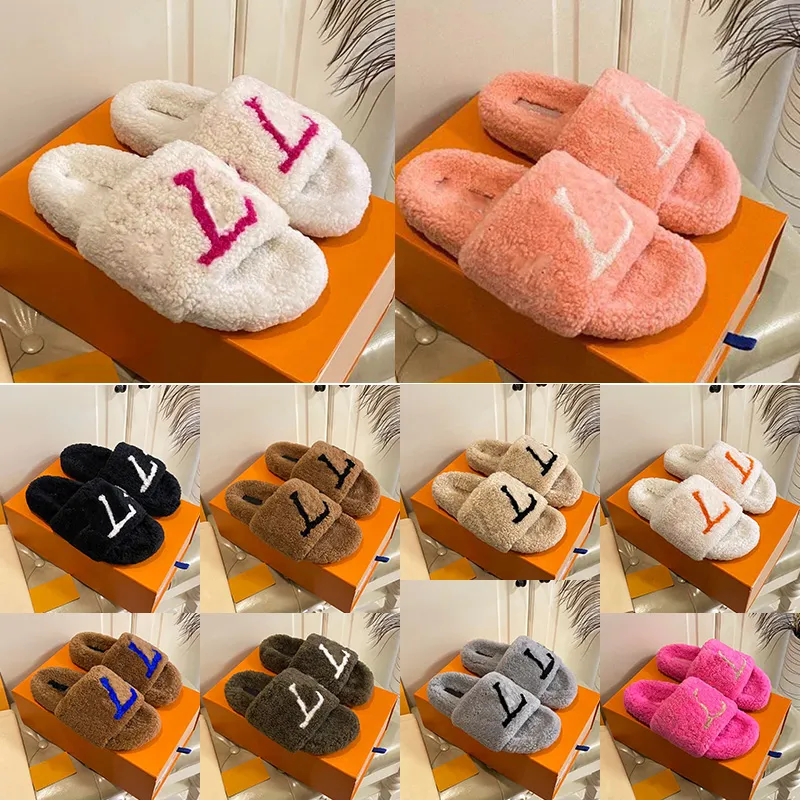 Luxury Designer Womens Fuzzy Slippers fur Furry Winter Warm letters Brand Slides Woman Slider Loafers Shoes Flat Mule Wool Fluffy Slipper Pink White Green Sandals