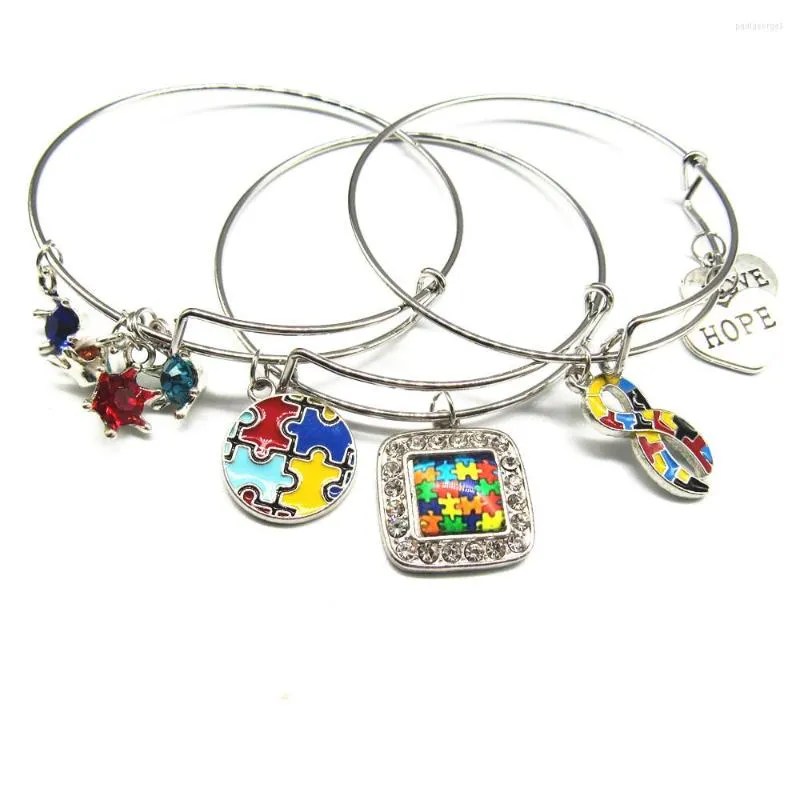 Charm Bracelets Autism Awareness Jigsaw Puzzle Piece Expandable Charms Bangle & For Man Woman Jewelry