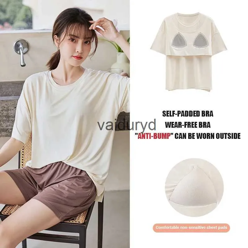 home clothing Pajamas Set for Women Summer Modal Home Suit Ladies Shorts T-shirt Sets Nightwear Section Anti-convex Clothes With Bra Padvaiduryd