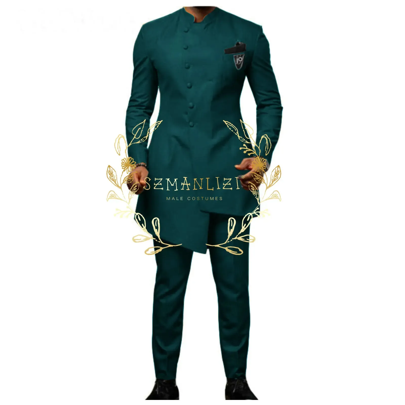 Herrenanzüge Blazer Mode Afrikanischer Ölgrüner Mantel-Hose-Design Grüner Stehkragen Herrenanzüge Terno Slim Fit Smoking Hochzeit Party Bräutigam Tragen Kostüm 231127