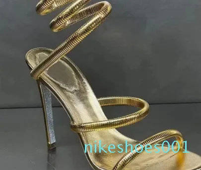 Gold Designers Sandals rene caovilla Stiletto heels womens Designer Crystal Rhinestone twining foot ring 10CM high heeled narrow band Sandal 35-43 with box