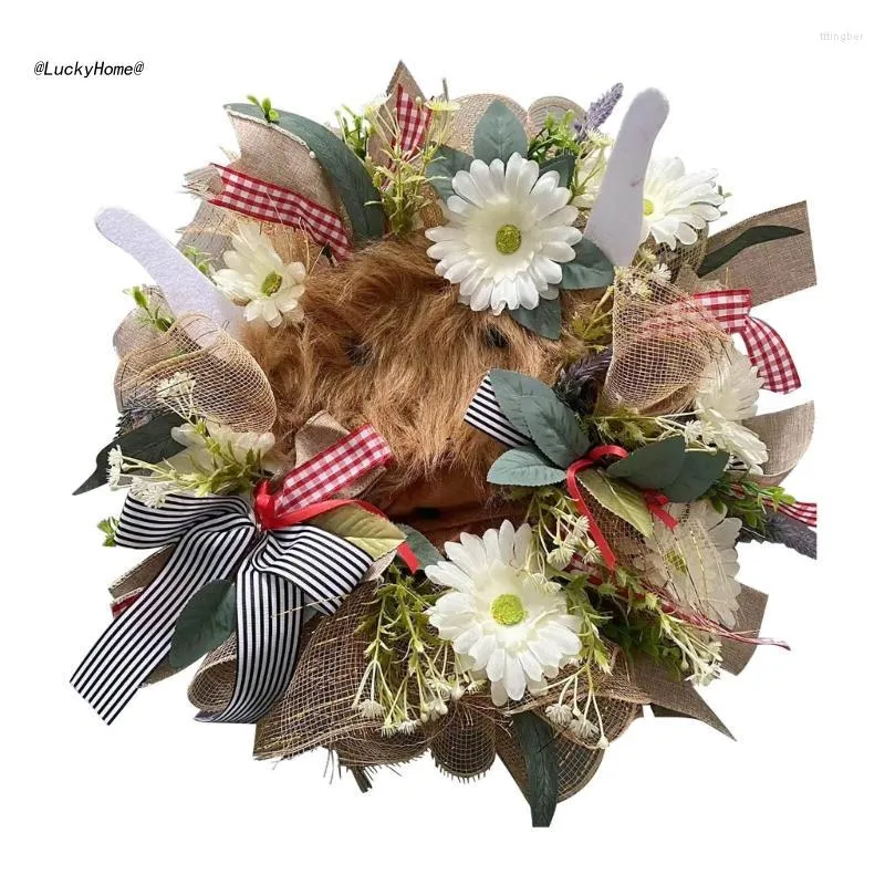 Fleurs décoratives 11UA Highland Cow Head Wreath Festival Holiday Year Decoration