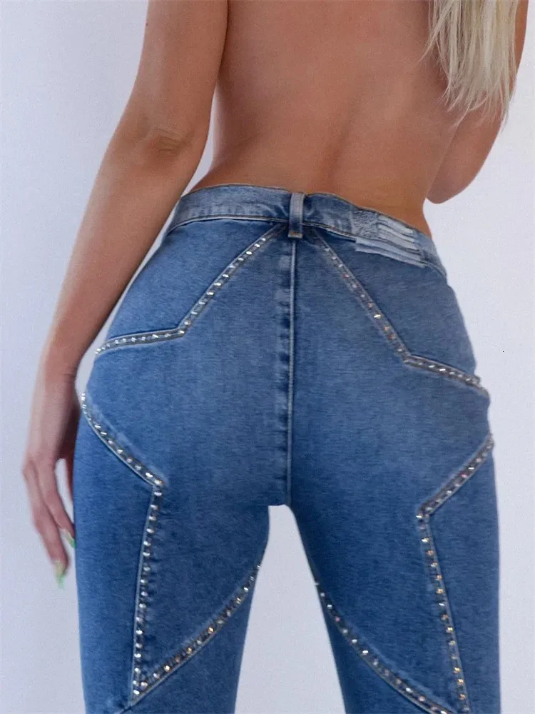 Kvinnors jeans dam street casual bodycon denim byxor kvinnliga breda ben blå hög midja för kvinnor stjärna paljetter smala jean 231127